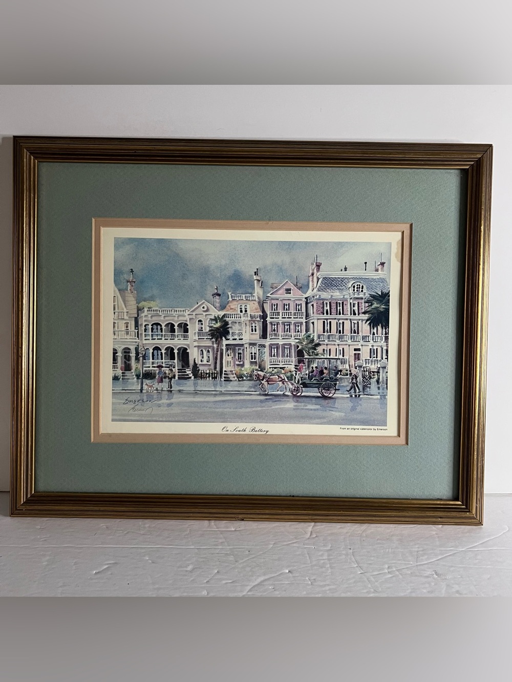 Emerson "On South Battery" Signed Framed & Matted Print 1992 Cityscape 15.5"x12"